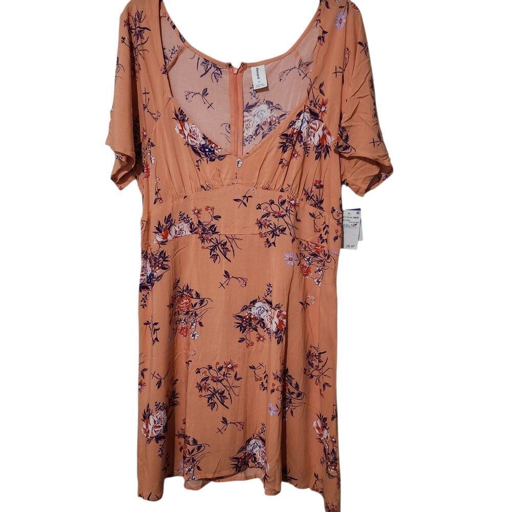 Abound Dress XL Orange Floral VNeck Back Zip Knee Length Short Sleeve